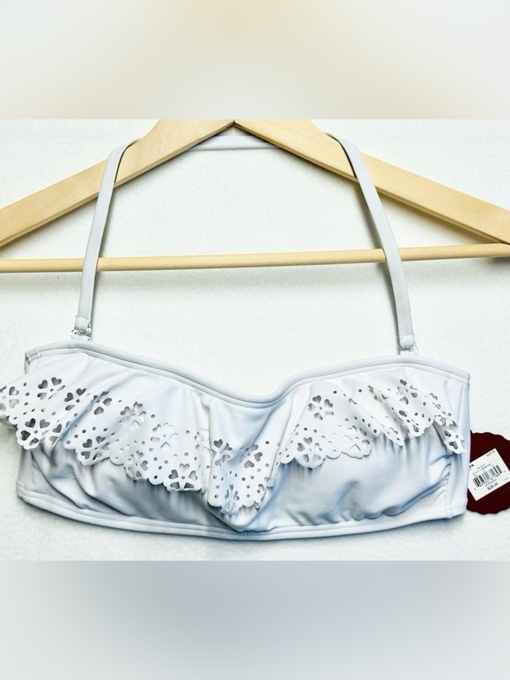 NWT White Laser Cut Ruffle Bandeau Bikini Top Size M | Cottagecore Beach Swim